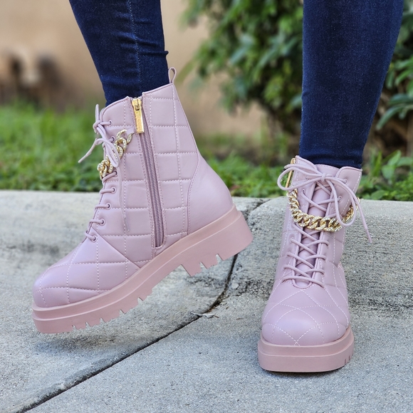 Womens Chunky Block Heel Ankle Combat Boots Pink Color - Picture 3 of 7